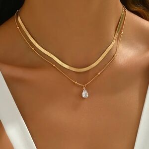 18 KT Gold Over Titanium Layered Necklace with Crystal Pendant